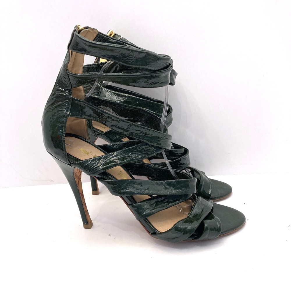 L.A.M.B. Tizzy Heels Green Patent Leather Crisscross Strappy Stiletto Womens 9.5